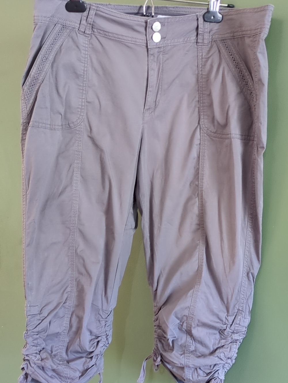 Rickis Cargo Casual Cropped Capri Pants Ruched Tie Bottoms Gray Sz 14